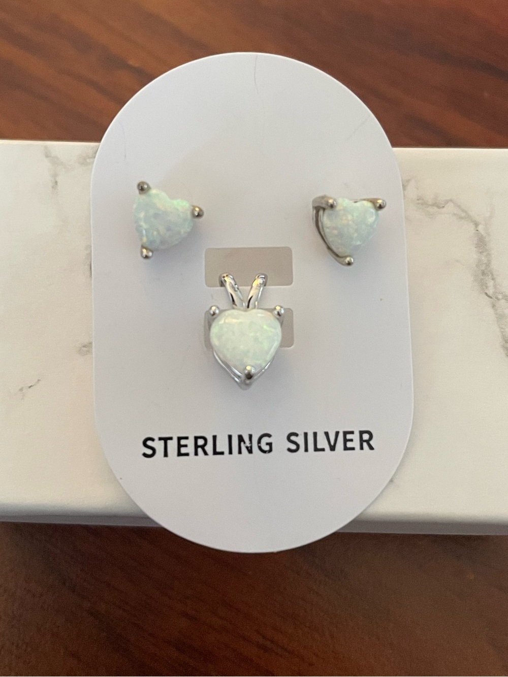 925 Sterling Silver White Opal Heart Stud Earrings and Pendant Set